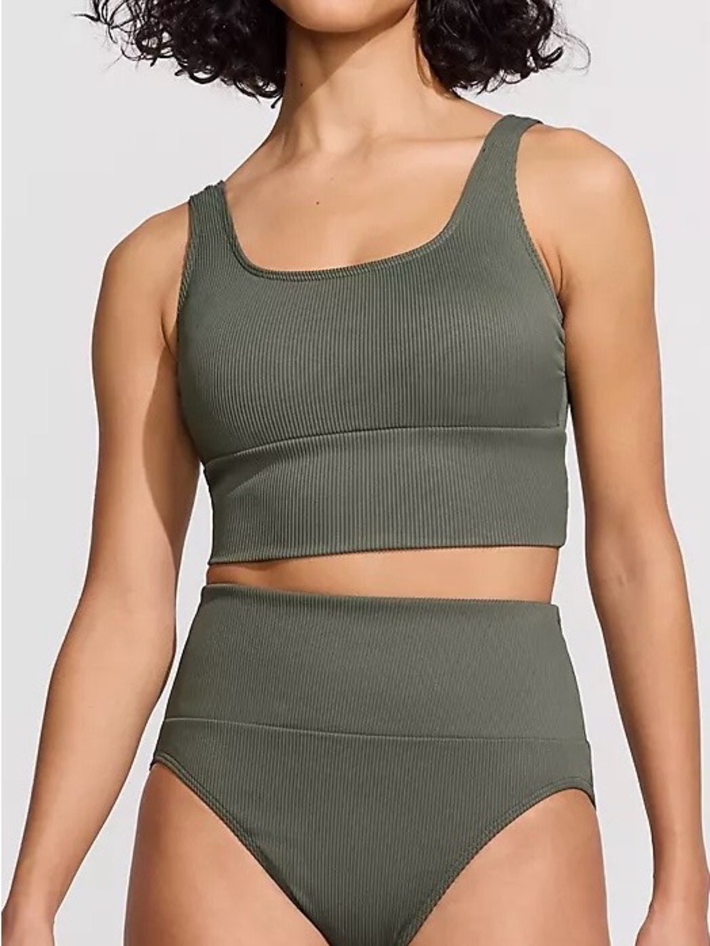 Lands' End Olive Ribbed Scoop Bikini Top and High-Waist Bottom